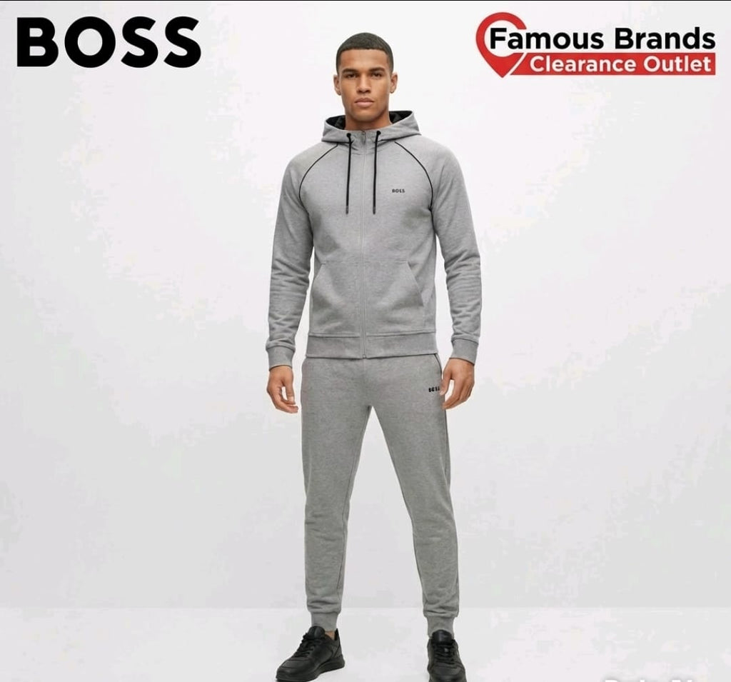 BOSS Mix & Match Loungewear Tracksuit in a grey colorway with black piping