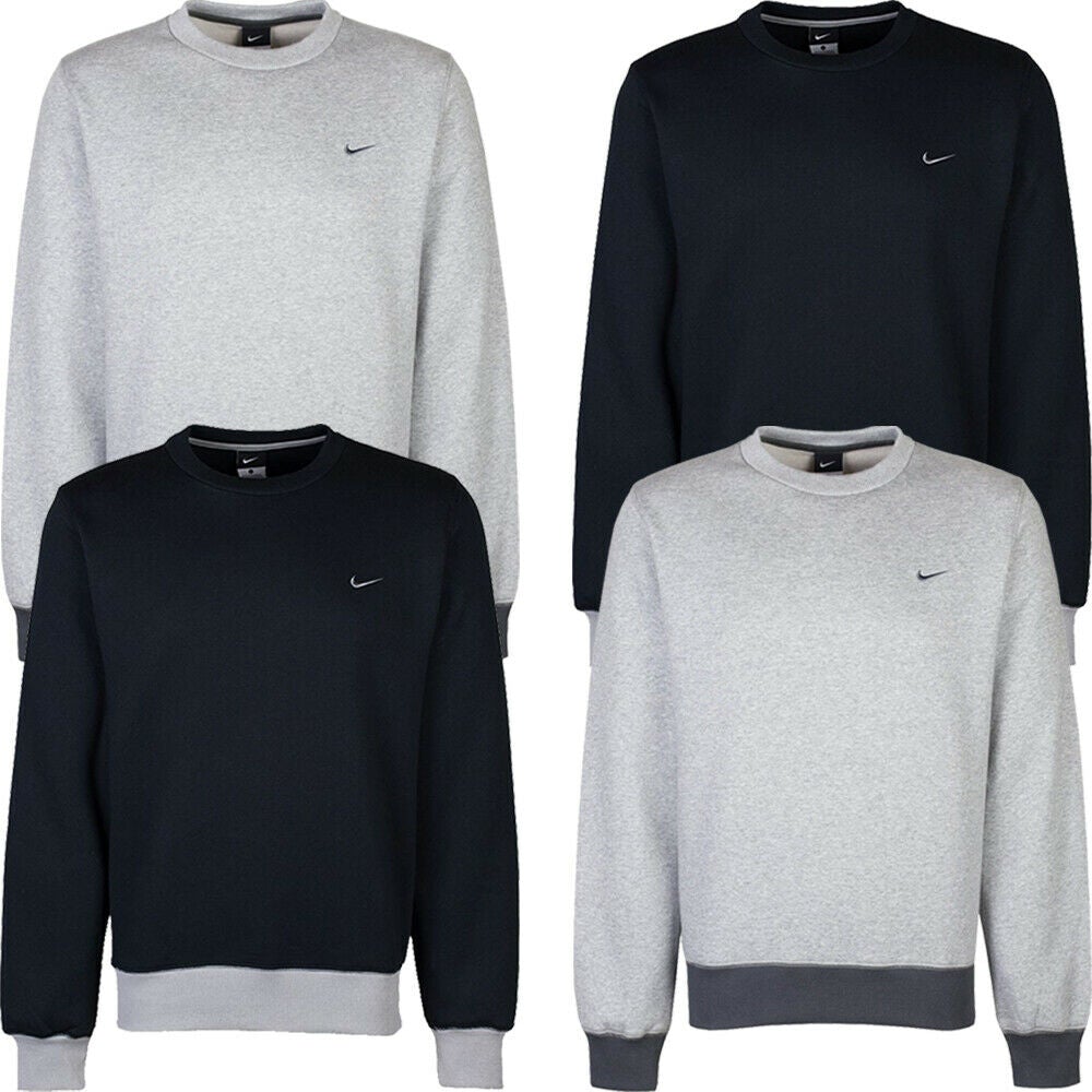 Nike Men's Club Crew Neck Sweatshirt Swoosh Fleece Long Sleeve Top - Black/Grey